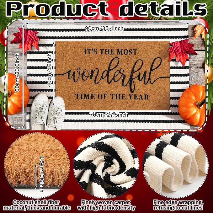 Moucuny 2 Christmas Coir Outdoor Mat, Non Slip | It Is The Most Wonderful Time of The Year Welcome Mat Black White Rug Front Porch Entryway Decor, 24'' x 35'', 16'' x 28''