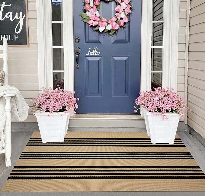 Striped Layered Doormat 27.5"x43",Tan and Black Front Porch Rug Cotton Woven Washable Farmhouse Entryway Rug Indoor Outdoor Front Door Mat for Porch/Entryway/Home Entrance Decor
