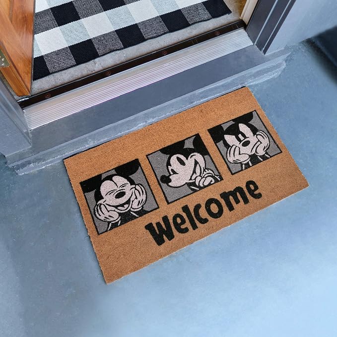 Gertmenian Disney Mickey Mouse Coir Doormat - 2x3 Welcome Mat (2-Pack), Ideal for High Traffic Areas in Front Door, Garage, Entryway - Retro Mickey Home/Welcome, Grey, 47318