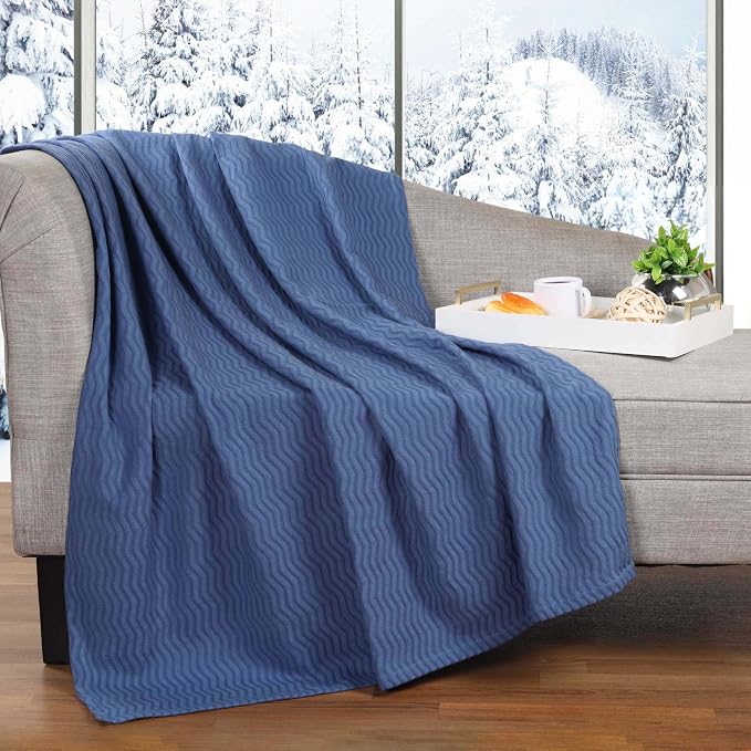 Superior JENA Cotton Blanket, for Picnic, Beach, Traveling or Camping, Bedroom Decor, Essentials, Cover for Bed, Couch, Lounging, Textured Jacquard, Modern Chevron Woven Blanket, Throw, Merritt Blue