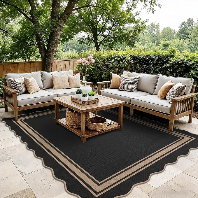 6x9 Scalloped Rug Easy Jute Washable Outdoor Patio Rug for Living Room Indoor Outdoor Black Geometric Neutral Carpet for Backyard Patio Dining Room