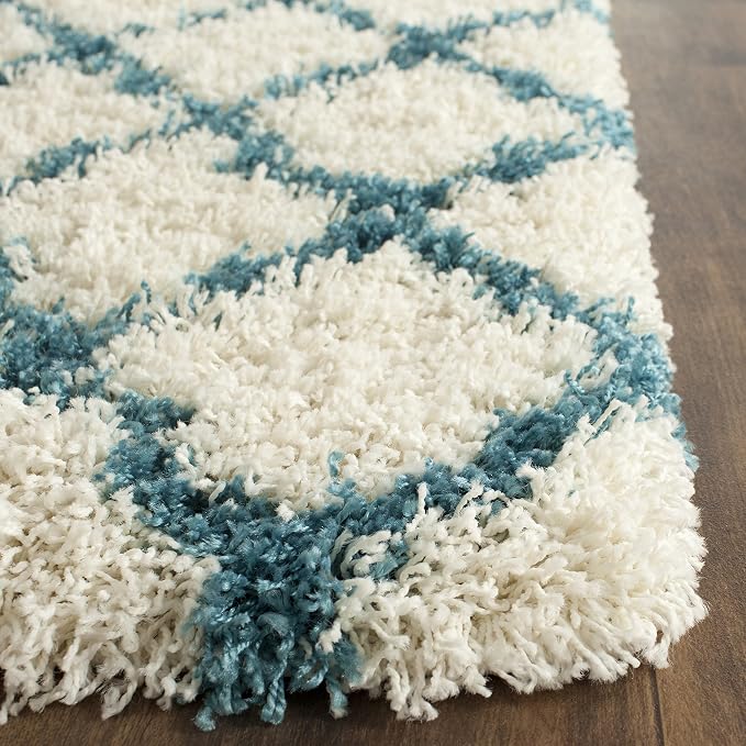 SAFAVIEH Kids Shag Collection Runner Rug - 2'3" x 7', Ivory & Blue, Moroccan Trellis Design, Non-Shedding & Easy Care, 2-inch Thick Ideal for High Traffic Areas in Living Room, Bedroom (SGK569C)