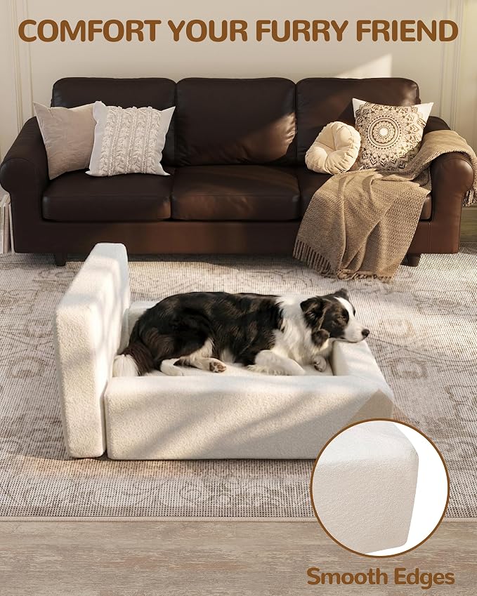 Boucle Dog Bed with Pillow, Furniture Style Dog Couch with Backrest, Washable Calming Pet Sofa Lounge for Small Medium Dogs, Beige