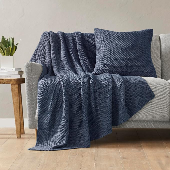 INK+IVY Bree Knit All Season Throw Blanket for Sofa, 50 x 60, Indigo | Ultra Soft, Acrylic, Lightweight, OEKO-TEX Certified