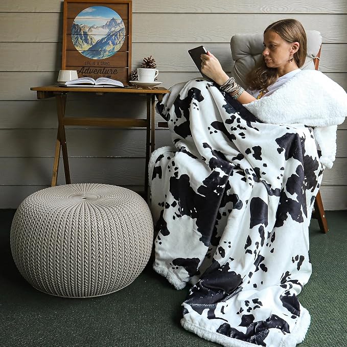 Indigo Hill by HiEnd Accents Elsa Sherpa Cow Print Blanket, Black Cowhide Pattern Rustic Western Throw Blankets for Camping Outdoor, Animal Print Sherpa Fleece Blanket for Couch Sofa Bed, 54x68 inch