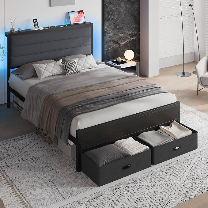 LIKIMIO Full Size Bed Frame with 2 Storage Drawers, Upholstered Headboard | Full Platform Bed Frame with Charging Station & LED Lights, Modern Style, Noise Free, No Box Spring Needed, Black and Grey