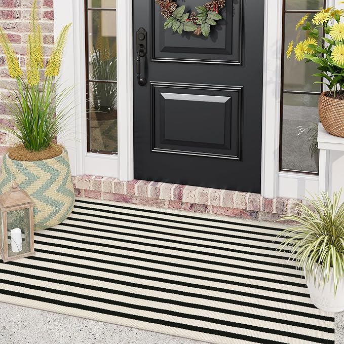 LEEVAN 3'X5' Black and White Striped Woven Cotton Reversible Outdoor Rug | Small Machine Washable Front Porch Rug, Entryway Door Mat, Indoor Layering Carpet for Farmhouse Bathroom Laundry