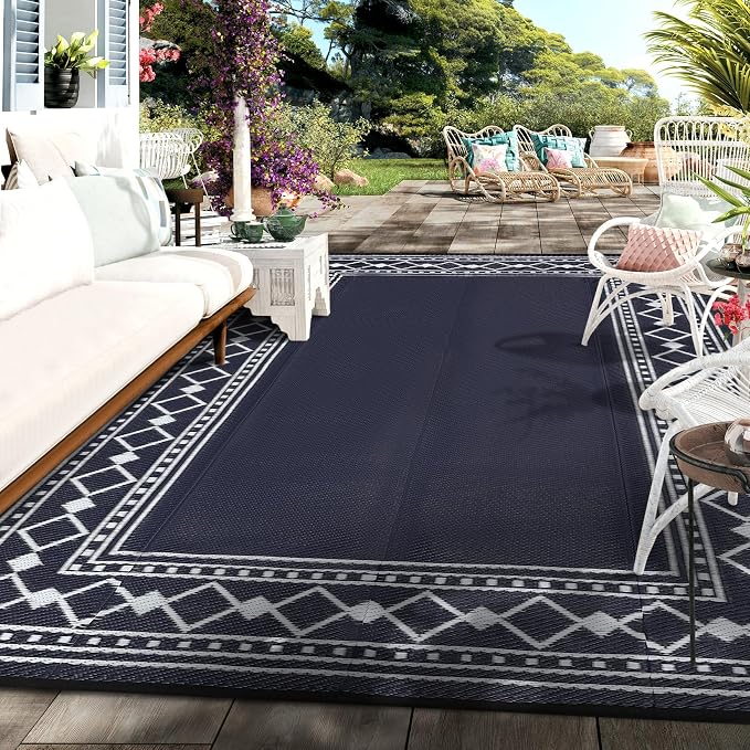Waterproof Reversible Outdoor Rug – Durable Plastic Straw Patio Mat, Easy-Clean, Carry Bag & Stakes – Modern Geometric Edge, 9x12ft, Black Blue/White – Specification