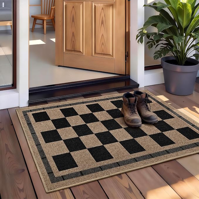 Vasofe Washable Small Entry Rug, 2x3 Checkered Jute Rugs Outdoor Indoor Mat | Non-slip Bedroom Front Door Mats Entrance Doorway Kitchen Carpets, Plaid Farmhouse Porch Carpet, Black and Brown