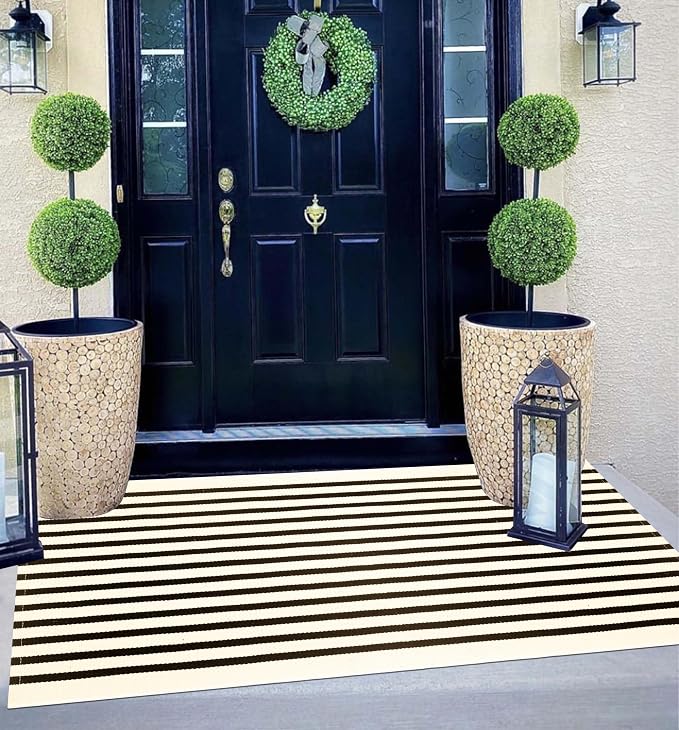 Striped Outdoor Rug 24"x51",Black and Beige Front Door Mat Cotton Woven Washable Farmhouse Layered Door Mats Throw Rugs for Porch/Bedroom/Home Entrance Decor