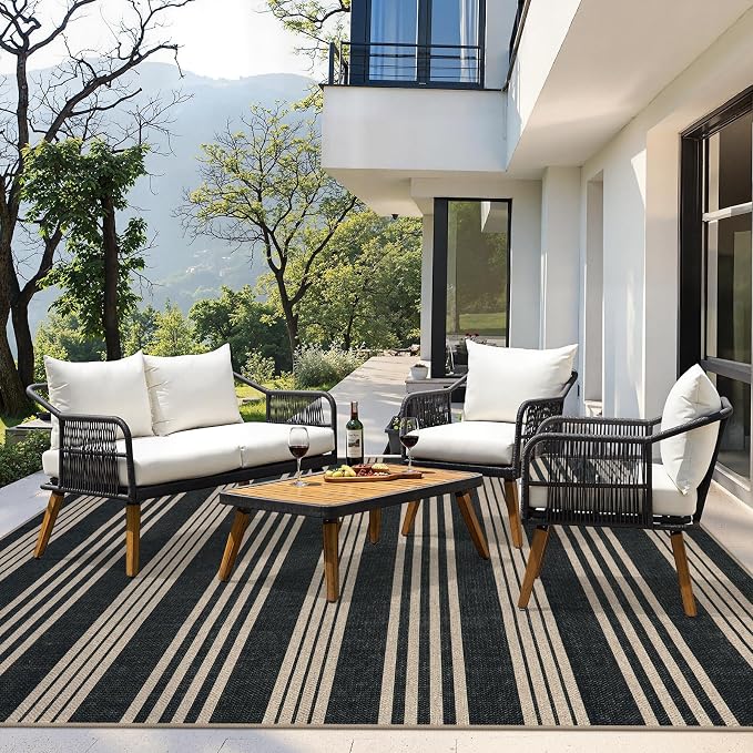 Lahome Striped Easy Jute Living Room Rug, 8x10 Outdoor Patio Rugs Washable | Black Indoor Dining Room Area Rug, Modern Farmhouse Geometric Non Slip Non Shedding Carpet for Deck Office Backyard Mudroom