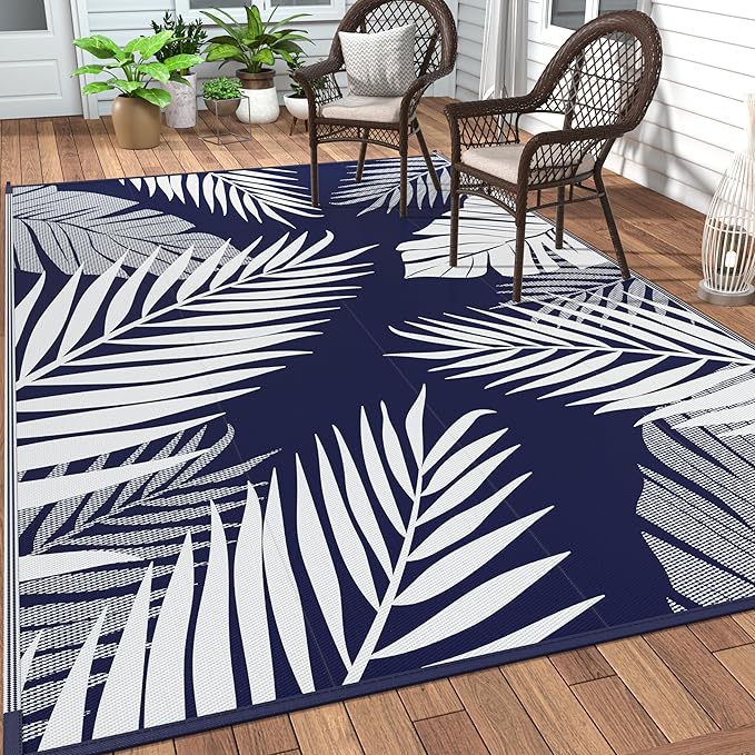 GENIMO Outdoor Rug, Waterproof Plastic Rugs 10'x14' for Camping Blue White | Outside Larger Leaf Carpet Mat for Porch Decor, Deck, Camping, RV, Backyard, Balcony, Picnic, Beach, Reversible, Foldable