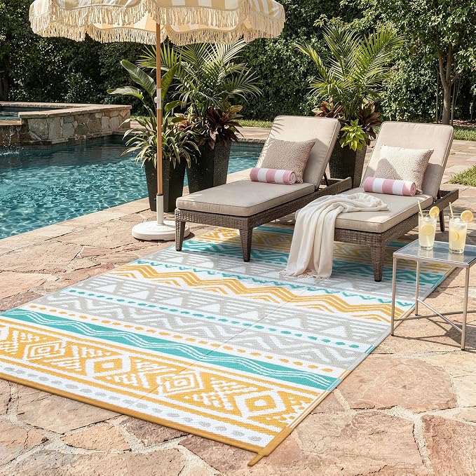 Lahome Outdoor Rug Waterproof, 5x8ft Reversible Outdoor Plastic Straw Rug for Camping Patio, RV Outdoor Rugs Outside, Outdoor Carpet for Porch Deck Backyard Balcony Picnic(Blue/Yellow,5'x 8')
