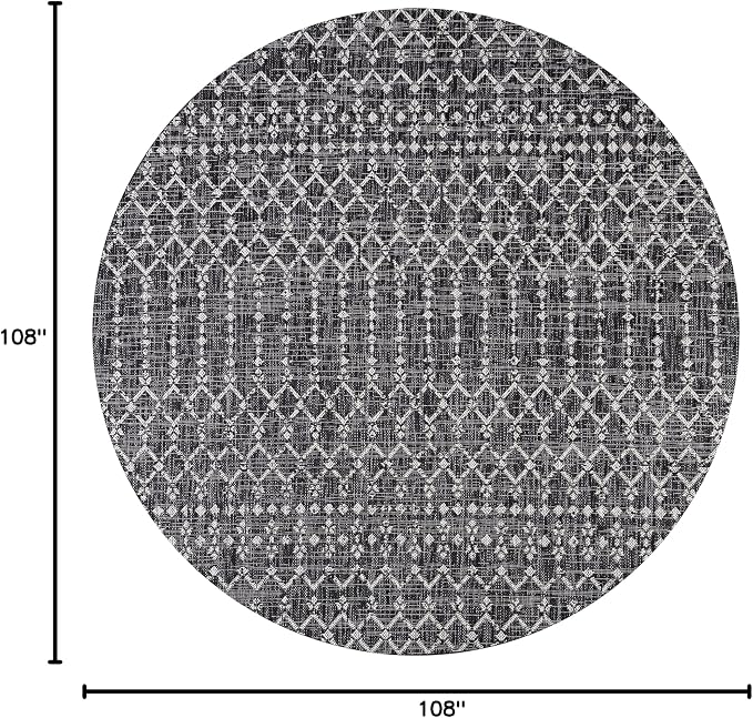 JONATHAN Y Moroccan Geometric Indoor Outdoor Round Area Rug 9 Ft Black/Gray, Ourika Textured Weave for Backyard, Patio, Porch, Easy-Cleaning, High Traffic, Pet-Friendly, Non-Shedding (SMB108F-9R)