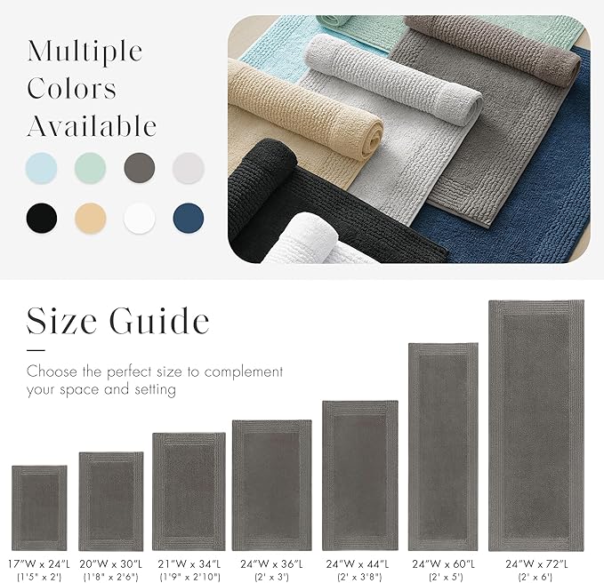 Madison Park Splendor Reversible 100% Cotton Bath Runner 24 x 60 Charcoal | Tufted Bathroom Rug, 3000 GSM, Hotel Quality, Luxurious Plush, Medium Pile, Absorbent, Quick Dry, OEKO-TEX, Shower Room Décor