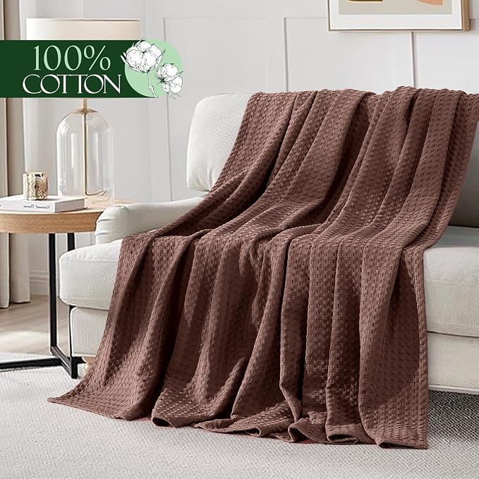 Elegant Comfort Premium 100% Cotton Waffle Blanket - Lightweight Breathable Waffle Weave Bed Blanket - Soft and Warm All Season Blanket for Couch, Sofa and Bed, Twin Size 68x88 Inches, Brown