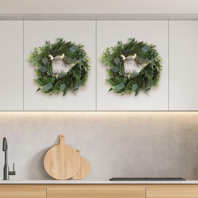 Pure Garden Artificial Wreath Set - Two 20-Inch Eucalyptus Wreaths for Spring, Summer or Fall Home Decor - Indoors or Covered Patio
