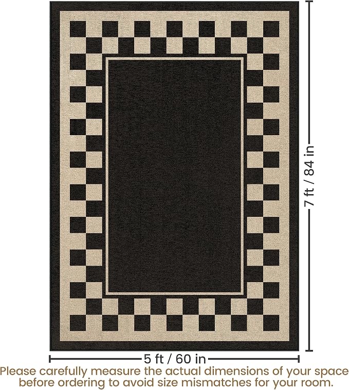 Washable Checkered Easy Jute Rug 5x7, Black Checkerboard Geometric Modern Outdoor Indoor Patio Large Bordered Rug, Woven Thin Carpet for Living Dining Play Room Bedroom Classroom Kids Nursery