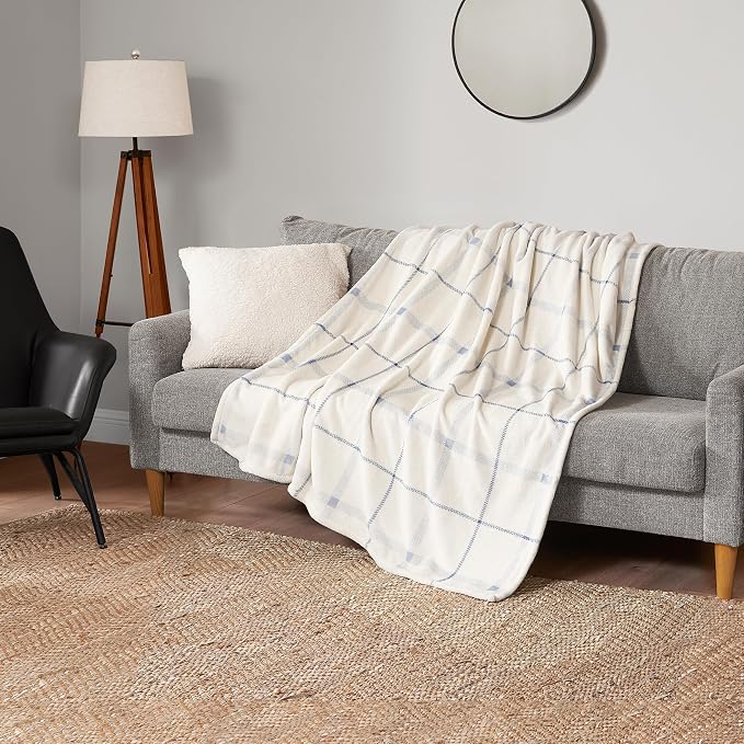 Lucky Brand Palmdale White with Light Blue Plaid 50"x70" Cozy Plush Blanket - Premium Microfiber Throw for Luxurious Comfort