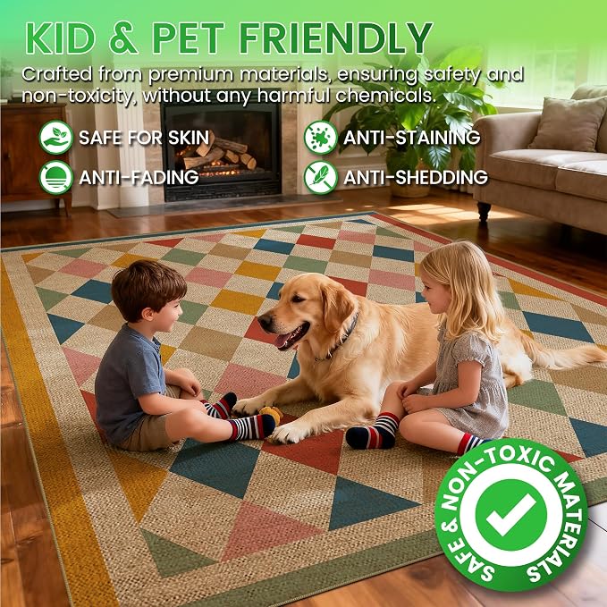 Washable Checkered Easy Jute Rug 9x12, Colorful Checkerboard Geometric Modern Outdoor Indoor Patio Large Rug, Woven Thin Carpet Mat for Living Room Bedroom Classroom Nursery Play Room Backyard