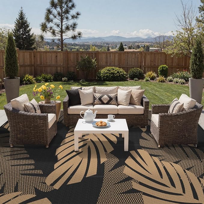 GENIMO Outdoor Rug, Waterproof Plastic Rugs 10'x14' for Camping Black Brown | Outside Larger Leaf Carpet Mat for Porch Decor, Deck, Balcony, Camping, RV, Backyard, Picnic, Beach, Reversible, Foldable