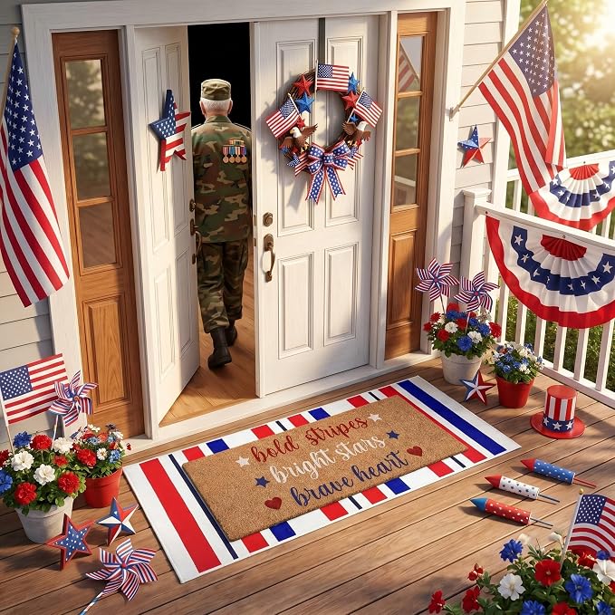 Moucuny 2 Pcs Patriotic Doormat Outdoor Decor 4th of July Coir Doormat Red Blue White Striped Welcome Rug Non-Slip Independence Day Memorial Day 250th Anniversary Mat Front Porch Entrance Decor