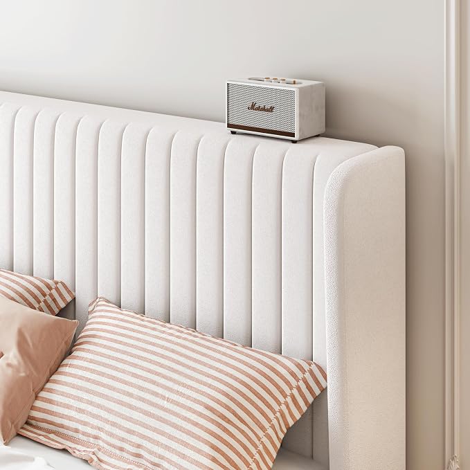 SHA CERLIN Full Size Velvet Bed Frame, Tufted Wingback Headboard, White | 47'' Modern Vertical Channel Headboard, Upholstered Platform Bed, Wood Slats, No Box Spring Needed, Easy Assembly, Noise Free