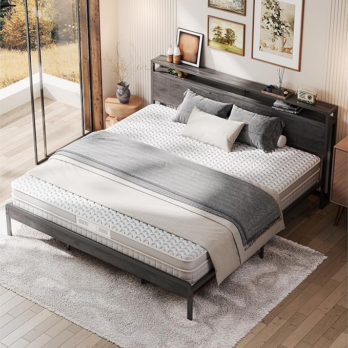 LIKIMIO King Size Bed Frame with 2-Tier Storage Shelf Headboard | Dark Wood Platform Bed, Camas King with Strong Metal Supports, Sturdy, Noise-Free, No Box Spring Needed, Grey