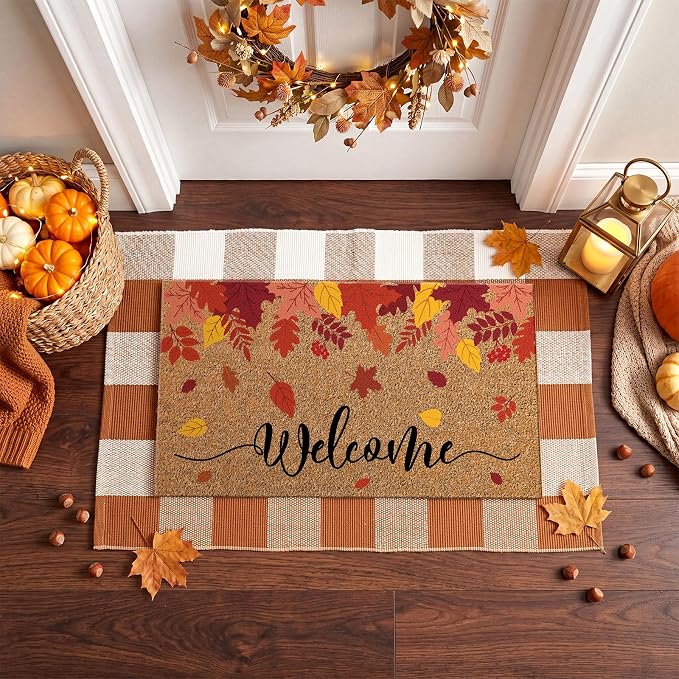 Moucuny 2 Pcs Fall Coir Doormat Outdoor, Maple Leaves Welcome Welcome Doormat 16 x 47, Layered Brown Plaid Rug 24 x 35, Non-Slip Backing, Fall Autumn Porch Entryway Patio Outdoor Decor