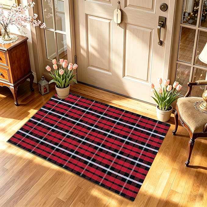 USTIDE Buffalo Plaid Rug 2'x3' Red & White Check Front Doormat Checkered Layering Floor Mat for Hello/Welcome Hand Woven Cotton Rug for Front Door Porch Kitchen