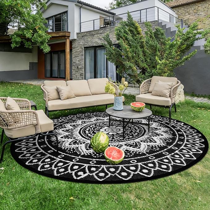 Round Outdoor Rugs for Patios, 8Ft Waterproof Reversible Plastic Straw Mat with Carry Bags, Boho Lightweight Outdoor Carpet Portable Round Floor Mat for Patio Camping Picnic Backyard RV,Black & White