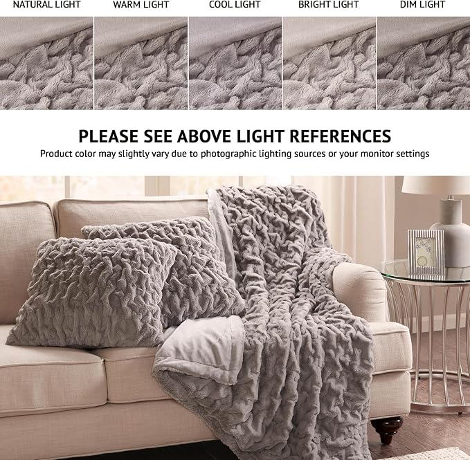 Comfort Spaces Ruched Throw Set Faux Fur Blanket for Sofa, 50 x 60, Grey | Plush, OEKO-TEX Certified
