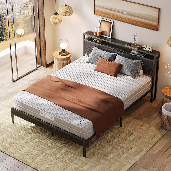 LIKIMIO Queen Bed Frame with 2-Tier Storage Shelf Headboard | Dark Wood Platform Bed, Camas Queen with Strong Metal Supports, Sturdy, Noise-Free, No Box Spring Needed, Black