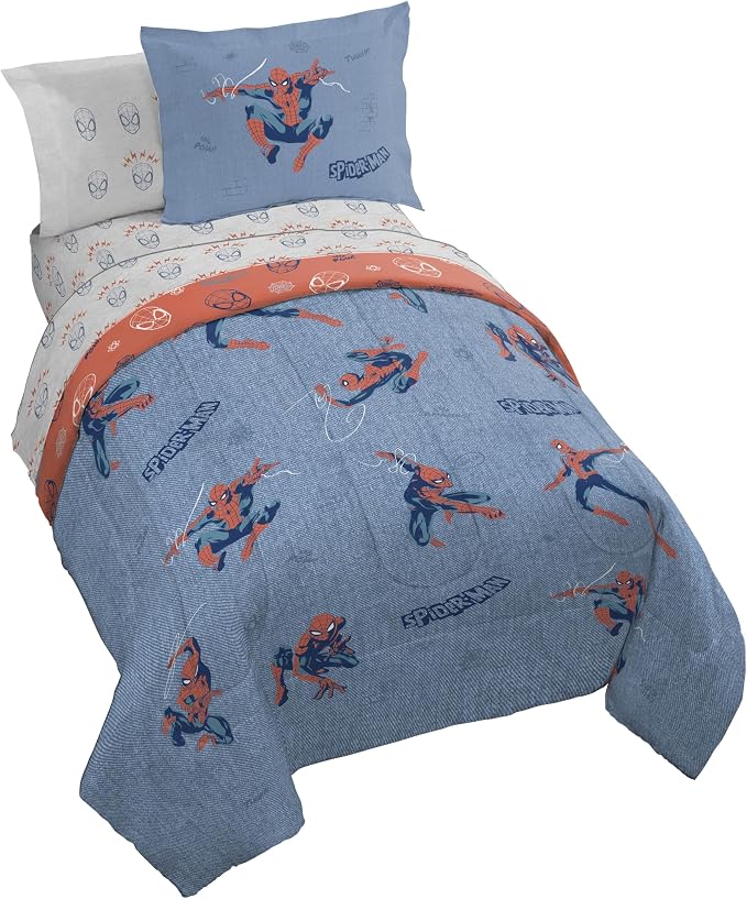 Marvel Spiderman Twin Comforter Set 5 Piece Bedding for Boys, Blue | Bed in a Bag, Comforter Sheets Sham Pillowcase, Official Product, Soft Microfiber, Machine Washable, Easy Care, Boys Gift