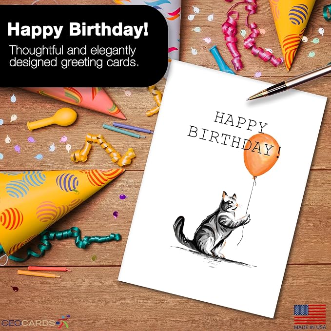 Happy Birthday Cards Bulk Greeting Card Set (Cat Lover) 18 Pack & White Envelopes - 5x7 Inch Birthday Theme for Family, Women, Men, Coworkers & Office (B2402)