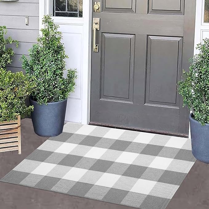 Buffalo Plaid Rug 24''x35''Grey and White Checkered Mat Cotton Machine Washable Carpet Layering Rug for Hello/Welcome Door Mat Front Porch, Kitchen, Farmhouse, Entryway,Bathroom