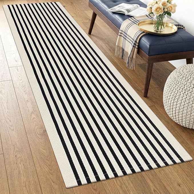 KOZYFLY Beige and Black Striped Runner Rug 2x4.3 ft Cotton Woven Washable Indoor Outdoor Doormat Small Front Door Rug for Entryway Porch Kitchen Hallway Patio Laundry Room