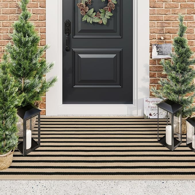 LEEVAN 3'X5' Black and Tan Striped Woven Cotton Reversible Outdoor Rug | Small Machine Washable Front Porch Rug, Entryway Door Mat, Indoor Layering Carpet for Farmhouse Bathroom Laundry