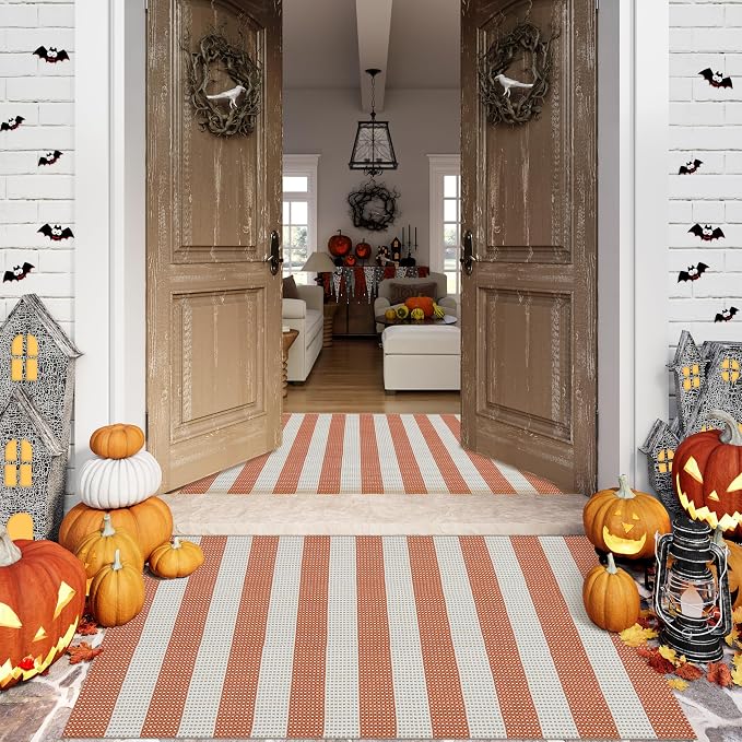 OJIA Outdoor Mat Orange Outdoor Rug 3'x5' Fall Welcome Mats for Front Door | Door Mat Outside Entrance Front Door Rug Washable Entryway Rugs Striped Indoor Outdoor Rugs Doormat for Patio Porch Decor