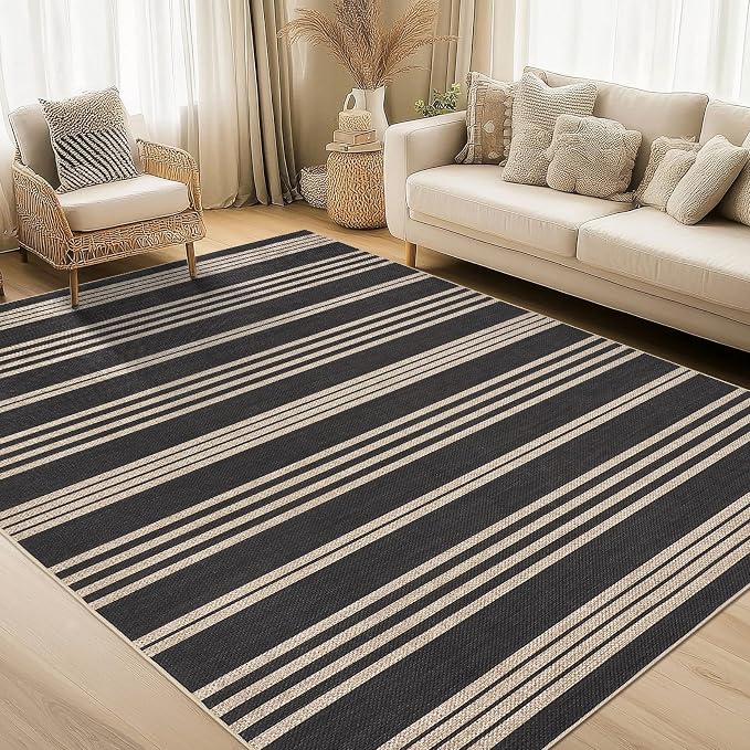COZYLOOM 9x12 Area Rugs for Living Room Machine Washable Area Rugs Non Slip Striped Easy Jute Carpet Stain Resistant Contemporary Mats for Bedroom, Dining Room, Backyard, Black/White
