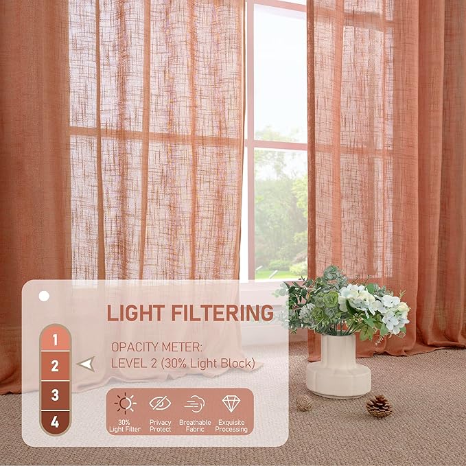 LAMIT 48 Inch Short Window Linen Curtains, Light Filtering Panels Back Tab and Rod Pocket Neutral Drapes for Cafe/Bathroom/Loft Room, Terracotta, 2 Panels, 34 x 48 Inch