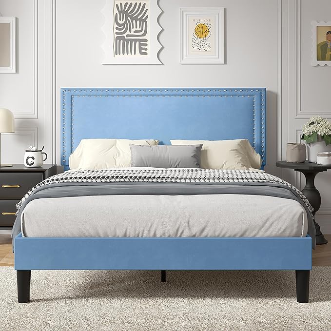 VECELO Full Size Platform Bed Frame with Height Adjustable Upholstered Headboard, Modern Mattress Foundation,Strong Wood Slat Support, No Box Spring Needed, Easy Assembly,Light Blue