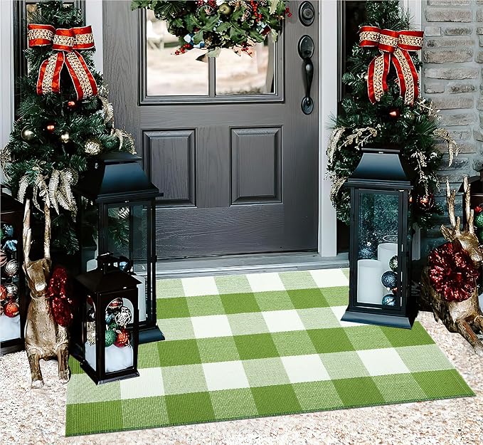 Layered Doormat 24''x35'' Green and White Buffalo Plaid Porch Mat Cotton Woven Washable Carpet for Layered Doormat Hello/Welcome Door Mat,Kitchen,Farmhouse,Entryway