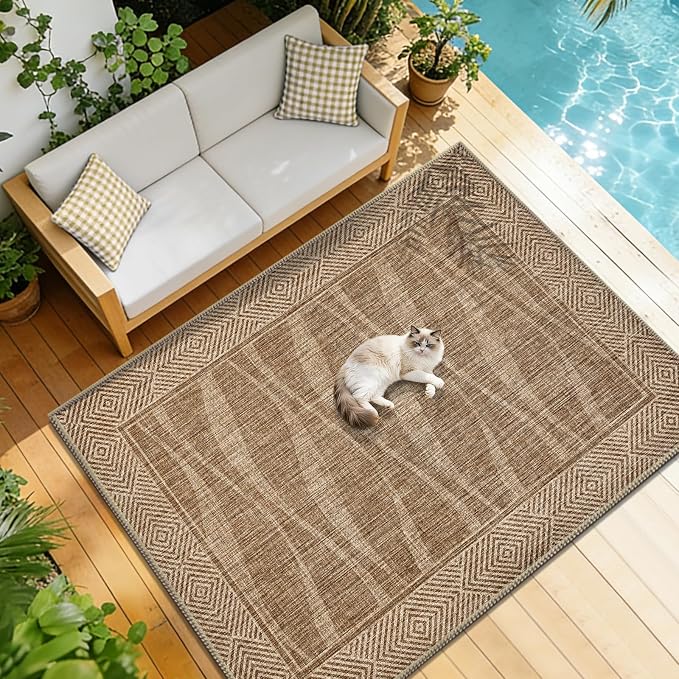 Easy Jute Rug 6x9 Outdoor Patio Rug with Border, Washable Rugs for Living Room, Farmhouse Non Slip Area Rugs with Rubber Backing Indoor Outdoor, Non Shedding Carpet for Bedroom, Courtyard, Light Brown