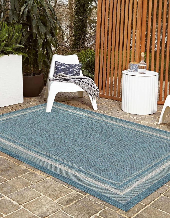 Unique Loom Outdoor Border Collection Area Rug - Soft Border (10'x 13' Rectangle, Teal/ Ivory)