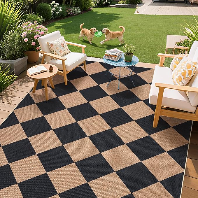 GarveeHome Easy Jute Area Rugs 6x9 for Living Room Non-Slip Backing Checkered Rugs Machine Washable Modern Indoor Outdoor Carpets for Dining Room Nursery Patio Bedroom Backyard Camping Black Tan