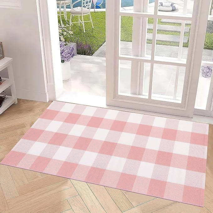 Pink and White Buffalo Outdoor Rug 24''x51''Checkered Plaid Front Porch Rug Cotton Woven Machine Washable Door Mat Outdoor for Layered Doormat Hello Welcome Door Mat Kitchen Farmhouse Entryway
