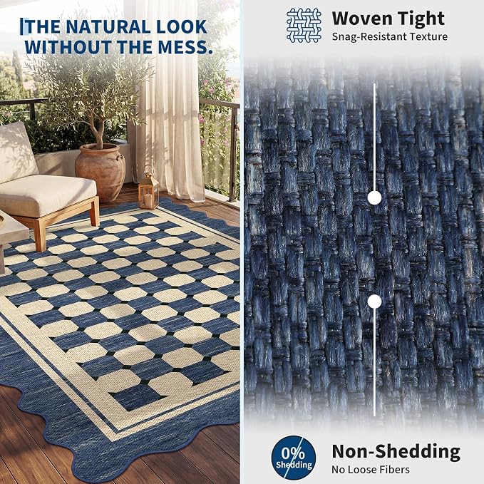 Garvee Easy Jute Checkered 8x10 Area Rug, Washable Scalloped Outdoor Rug for Patio Non-Slip Rugs for Living Room, Neutral Farmhouse Floor Carpet for Bedroom Dining Room Classroom 8'x10' Navy