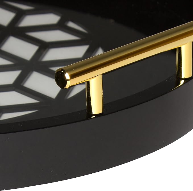 Kate and Laurel Caspen Round Cut Out Pattern Decorative Tray with Gold Metal Handles, Black