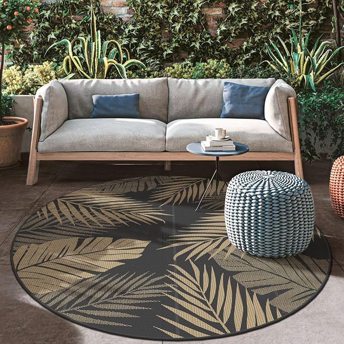 GENIMO Outdoor Rug, Waterproof Plastic Rugs for Patio, 8' Round Black Brown | Outside Larger Leaf Carpet Mat for Deck Decor, Porch, Balcony, Backyard, Camping, Picnic, Beach, RV, Reversible, Foldable
